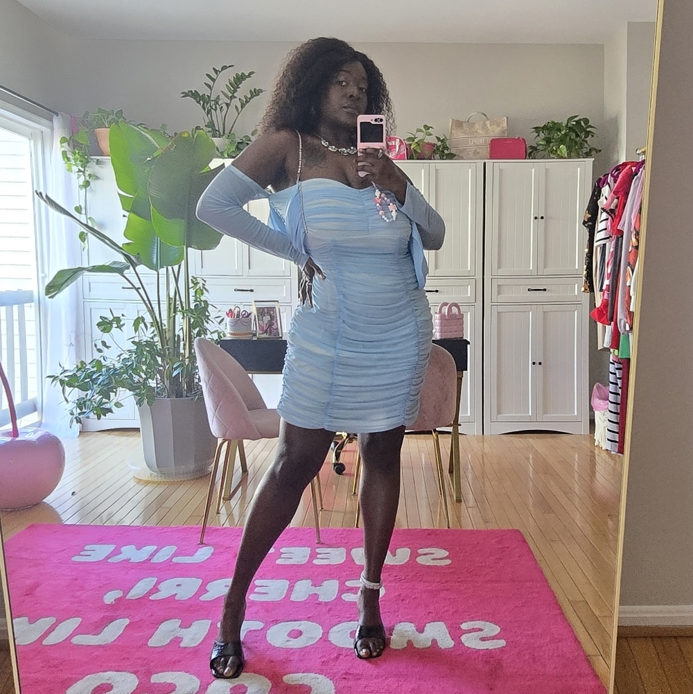 Fashion Nova - Sky Blue Ruched Mini Dress
